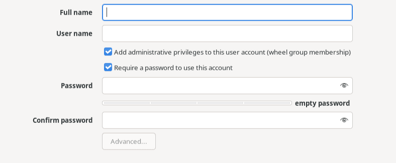 この図は、「ユーザーの作成」ウィンドウを示しています。このウィンドウには、「氏名」、「ユーザー名」のフィールド、ユーザーをデフォルトで選択されている管理者にするチェック・ボックス・オプション、デフォルトで選択されているアカウントのパスワードを要求するチェック・ボックス・オプション、およびパスワードを設定および確認するフィールドが含まれています。