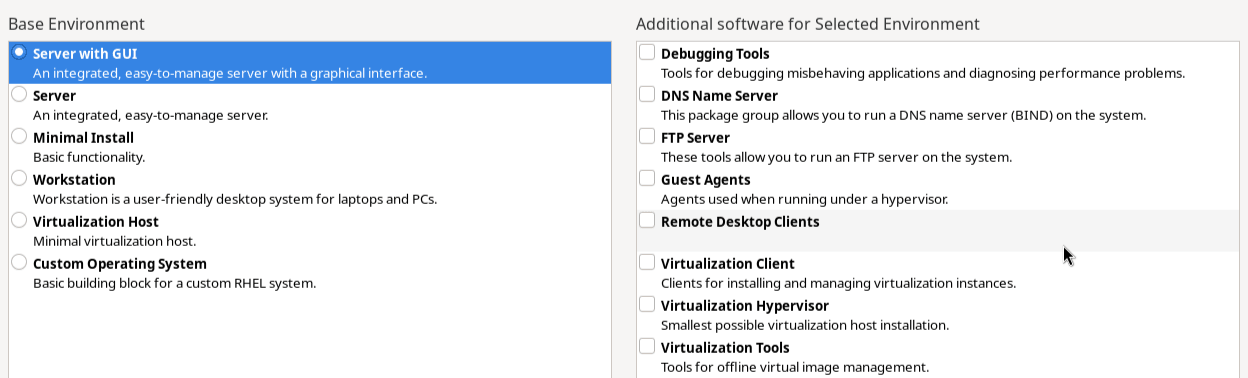 この図は、ソフトウェアの選択画面上のオプションを示しています。 左側のペインにはベース環境のリストがあり、右側のペインには、選択したベース環境用のアドオンのリストがあります。 各ベース環境には対応するラジオ・ボタンがあり、各アドオンにはそれ固有のチェック・ボックスがあります。 