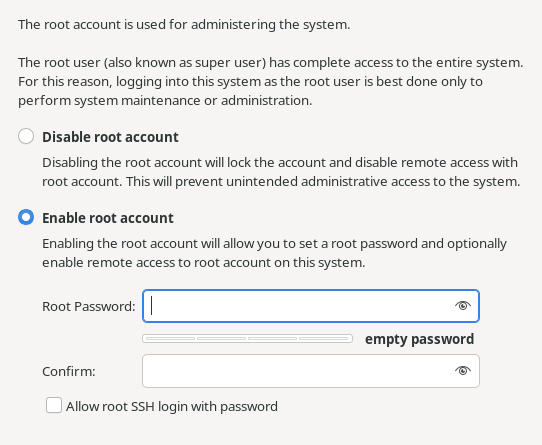 この図は、rootアカウントを有効または無効にするために使用できるオプションを示しています。 enableオプションを設定すると、rootパスワードを設定し、SSH経由でrootアカウントへのアクセスを有効または無効にするためのオプションが表示されます。 