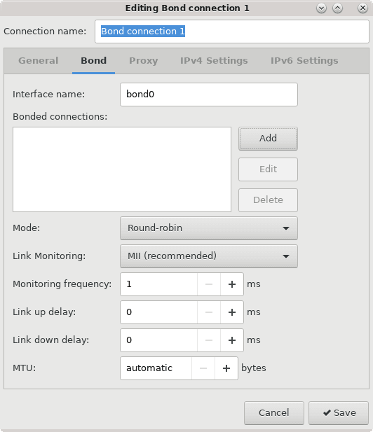 この図は、ネットワーク接続インタフェース・エディタが開き、新しい結合ネットワーク・インタフェースを構成できる状態を示しています。 この図は、ネットワーク接続インタフェース・エディタが開き、新しい結合ネットワーク・インタフェースを構成できる状態を示しています。