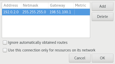 この図では、IPv4ネットワークの静的ルートを構成できるNetworkManager接続エディタウィンドウを示しています。