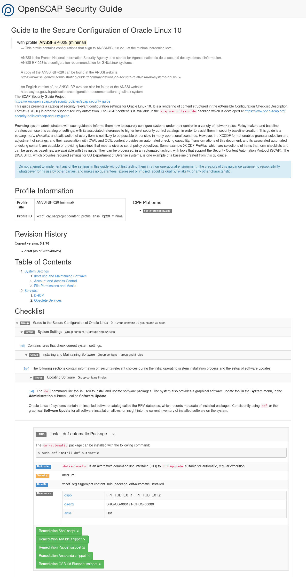 図は、oscapコマンドによって生成されたセキュリティ・ガイドのHTMLバージョンの一部を示しています。 レポートの上部には、ガイドのタイトルと説明が含まれています。 目次と、ガイドの生成に使用されるチェックリストがリストされます。 