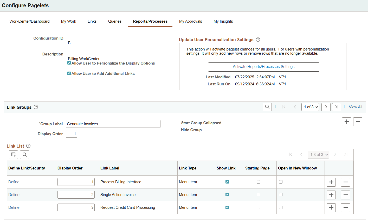 Configure Pagelets - Reports/Processes page