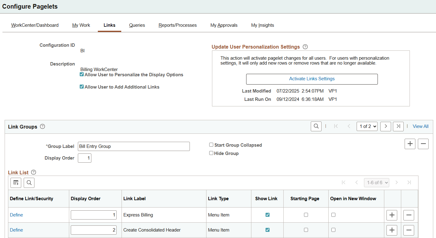 Configure Pagelets - Link page