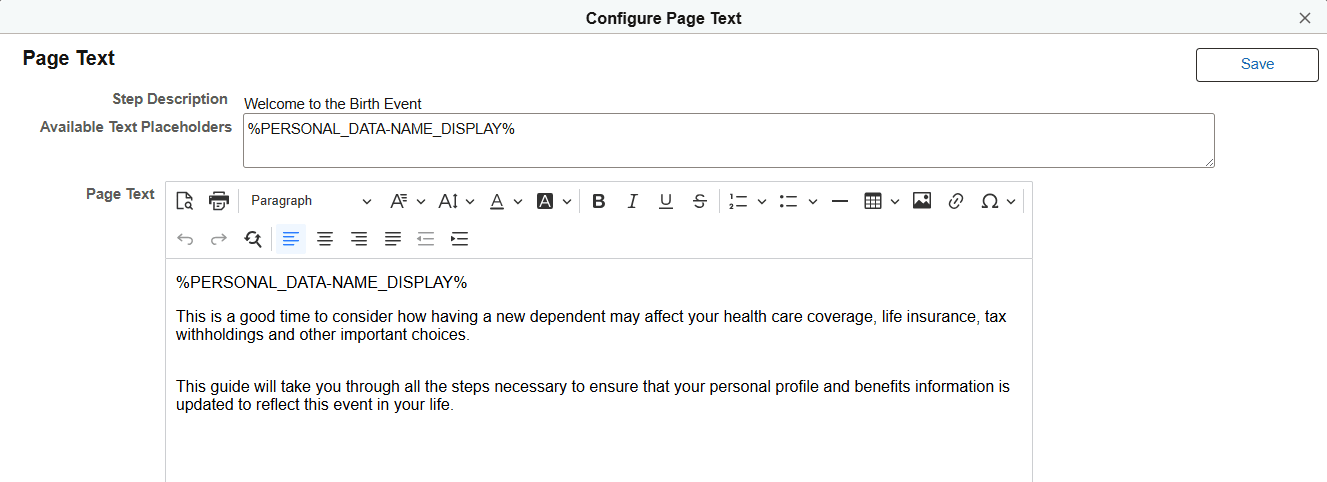 Configure Page Text page