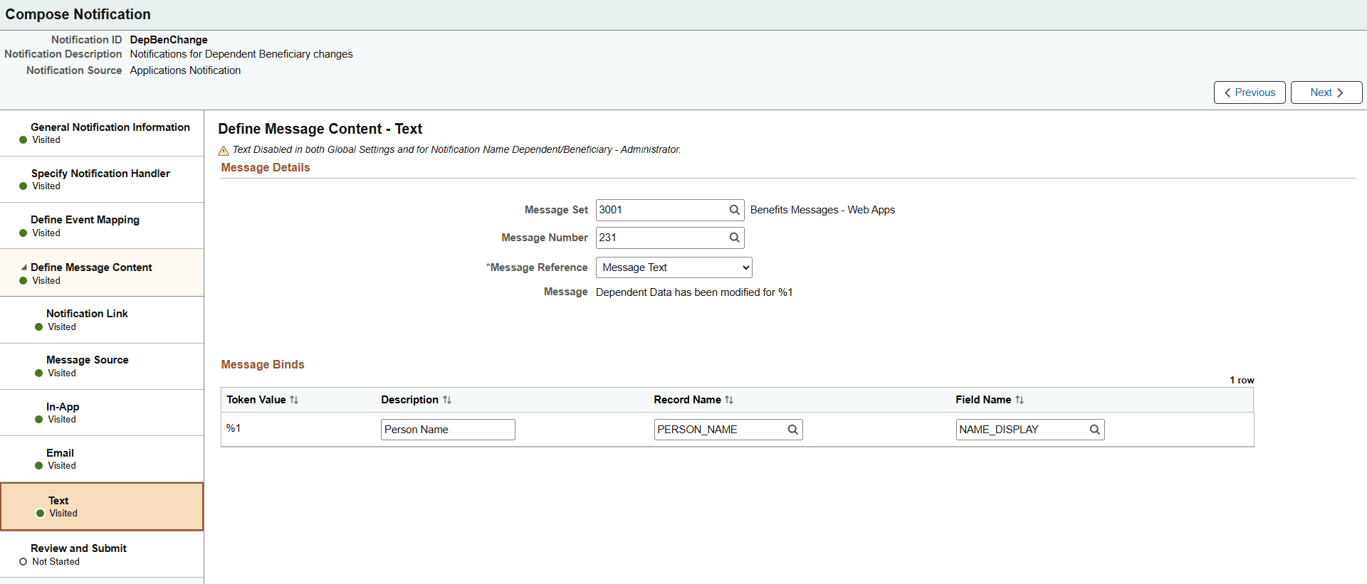 Define Message Content - Text page (with Message Catalog source)