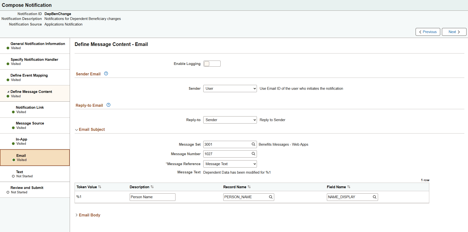 Define Message Content - Email page (with Message Catalog source)