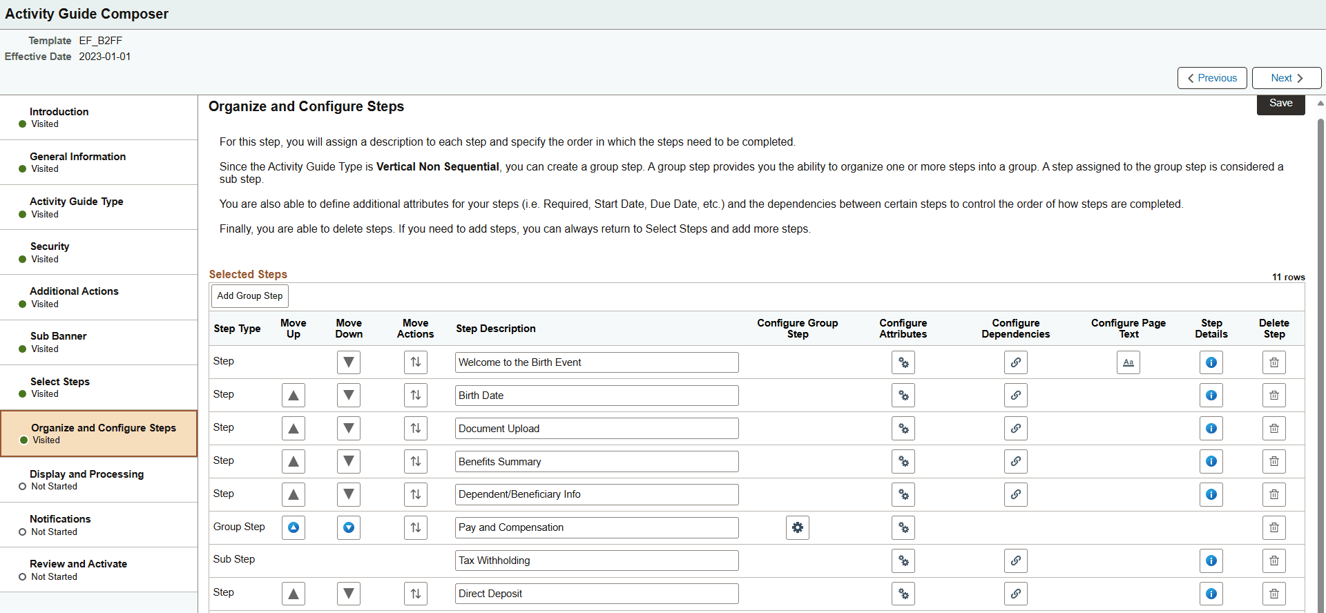 Activity Guide Composer - Organize and Configure Steps Page