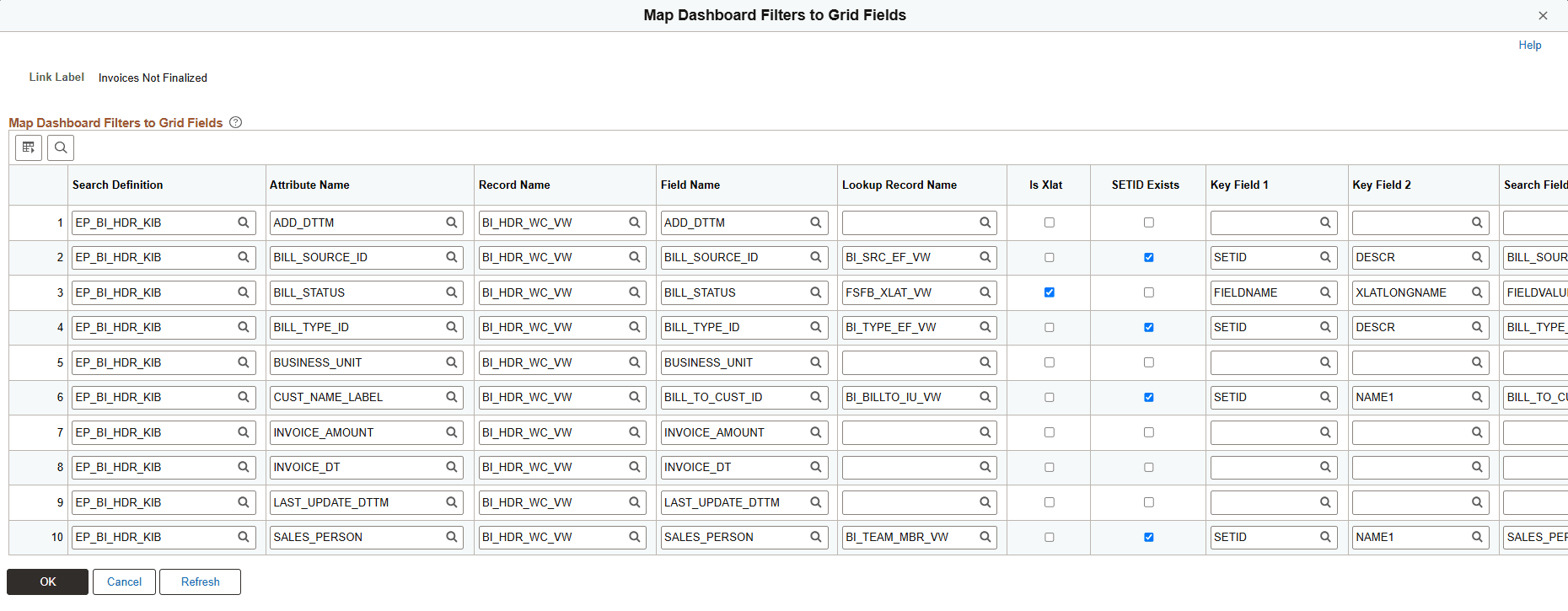 Map Dashboard Filters to Grid Fields page