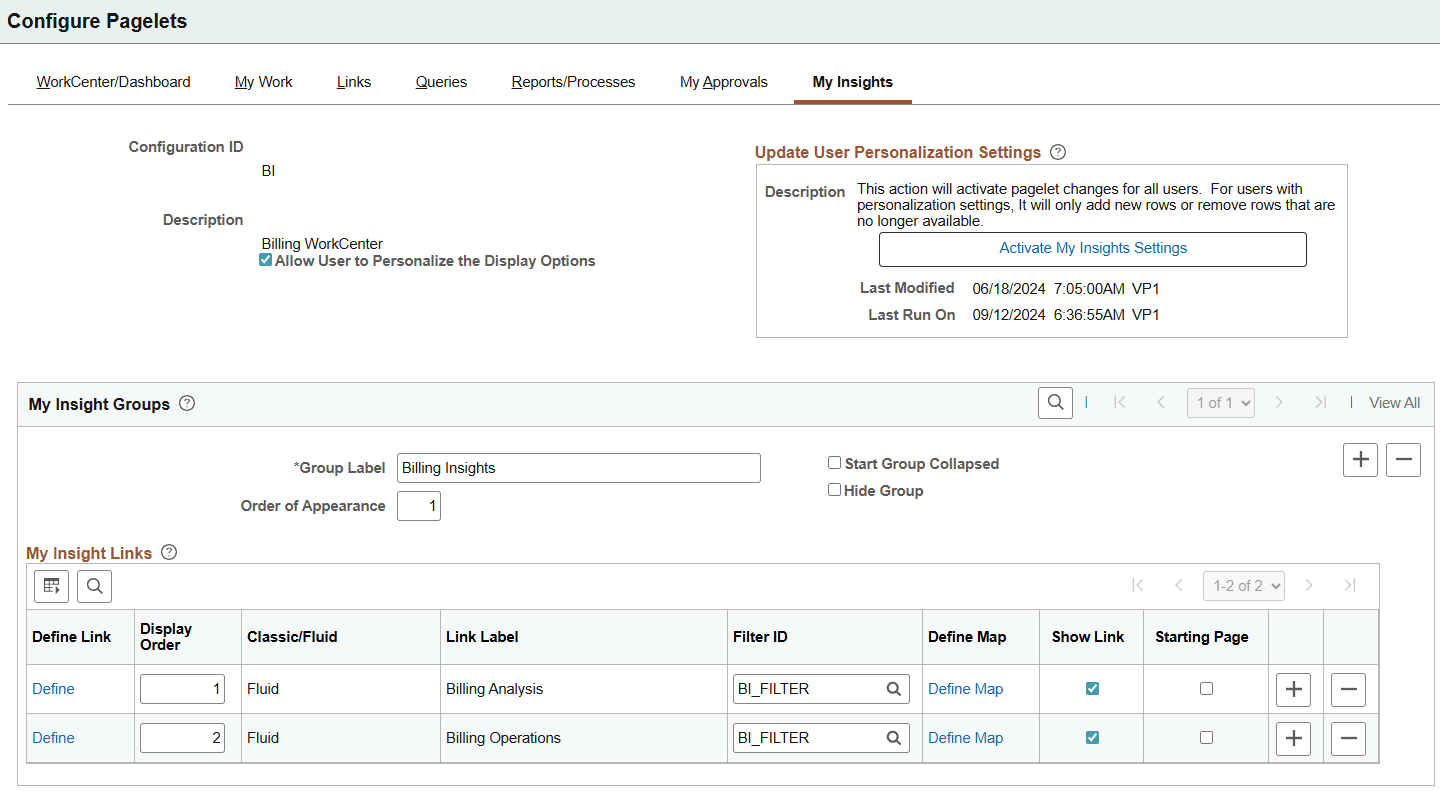 Configure Pagelets - My Insights page