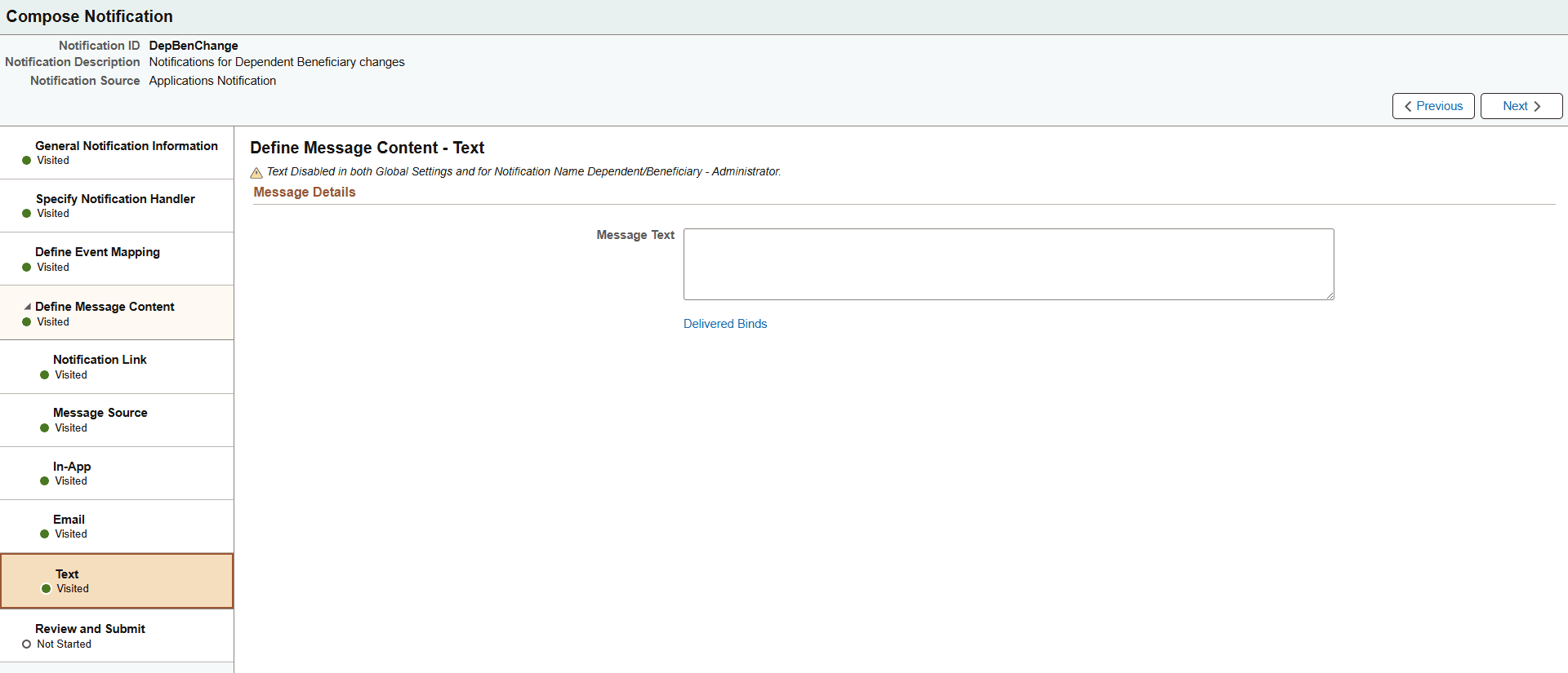Define Message Content - Text page (with Custom Text source)