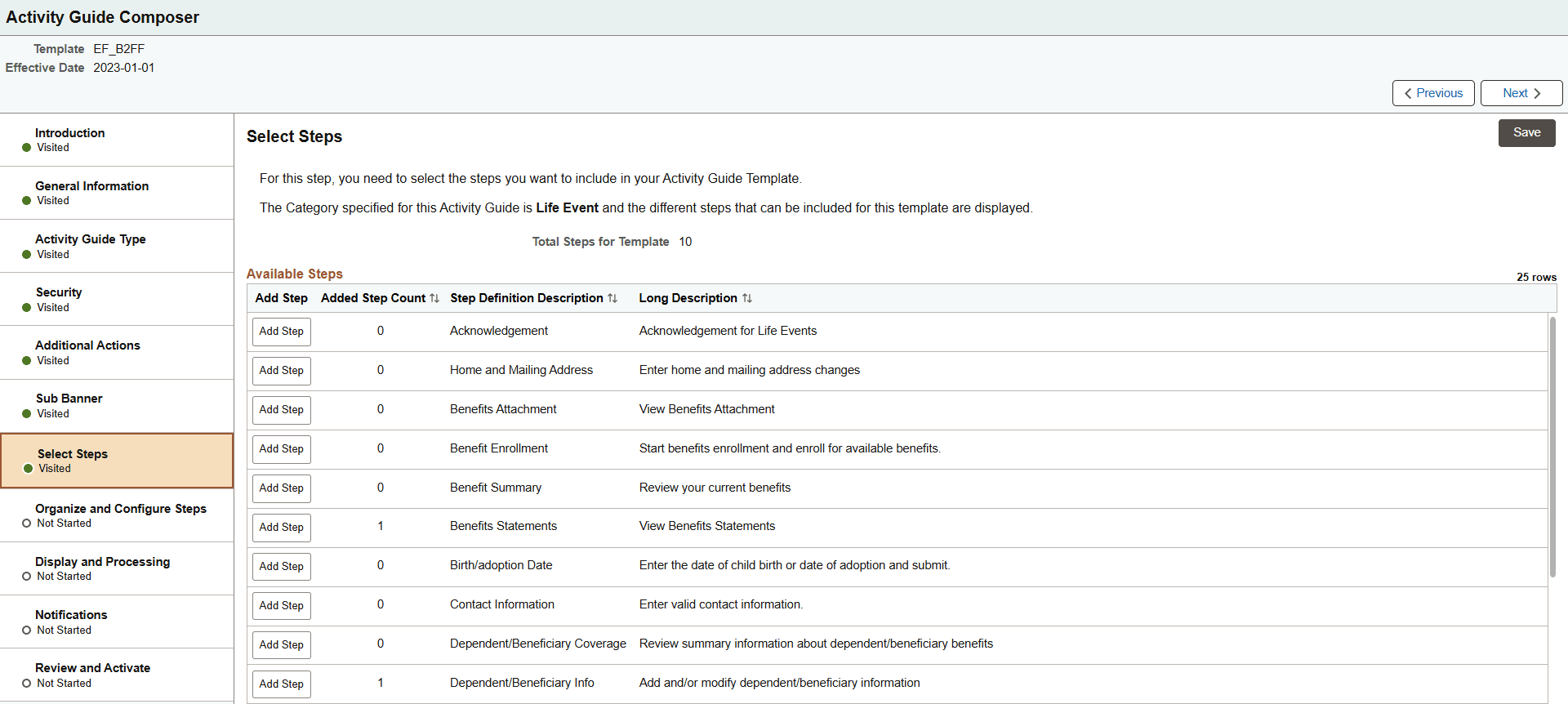 Activity Guide Composer - Select Steps page