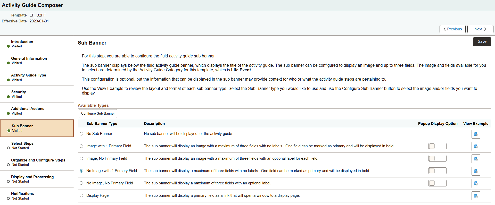 Activity Guide Composer - Sub Banner page