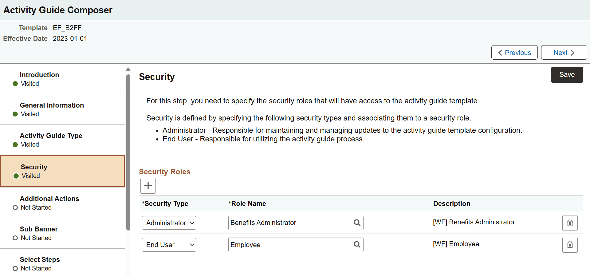 Activity Guide Composer - Security page