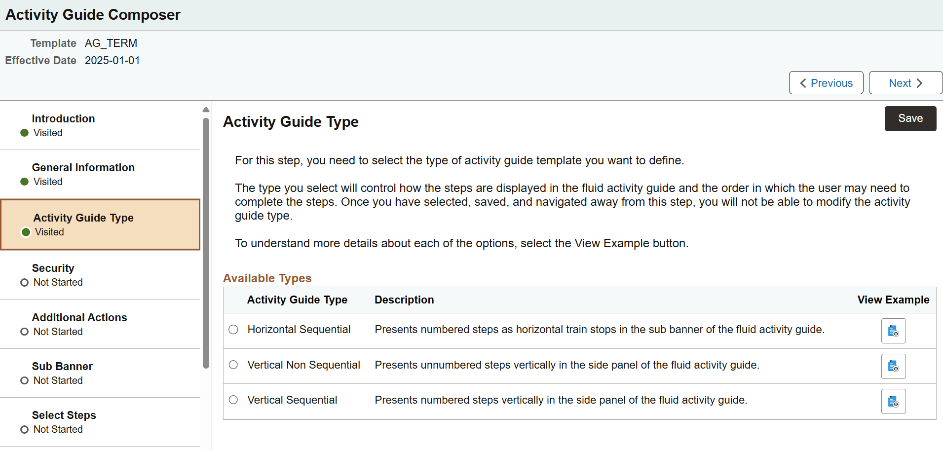Activity Guide Composer - Activity Guide Type page for a new template