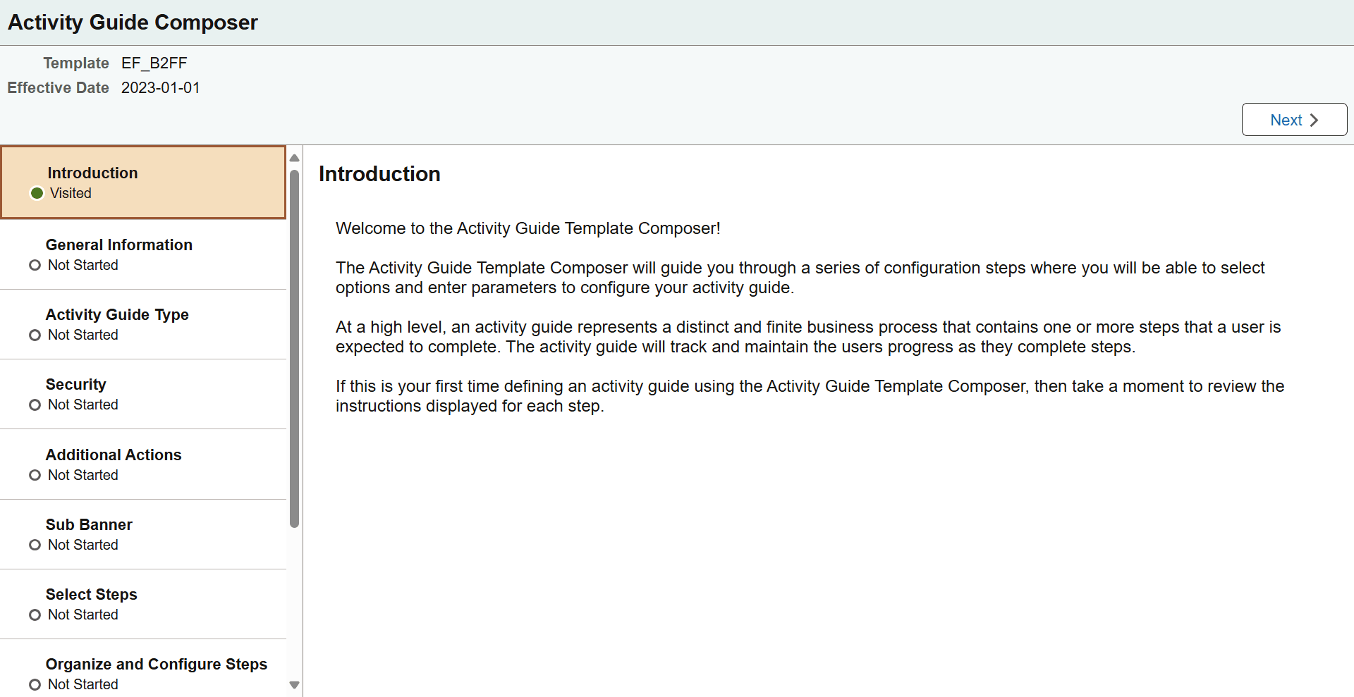 Activity Guide Composer - Introduction page
