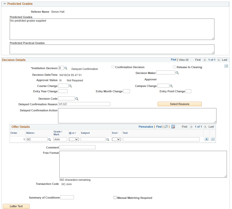 UCAS (Universities and Colleges Admissions Service) Decision Processing page (2 of 3)
