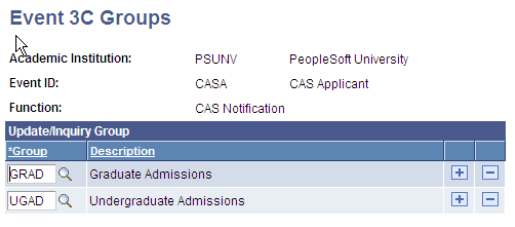 Event 3C (communications, comments, and checklists) Groups page for CASA (Confirmation of Acceptance of Studies Number notifications to applicants)