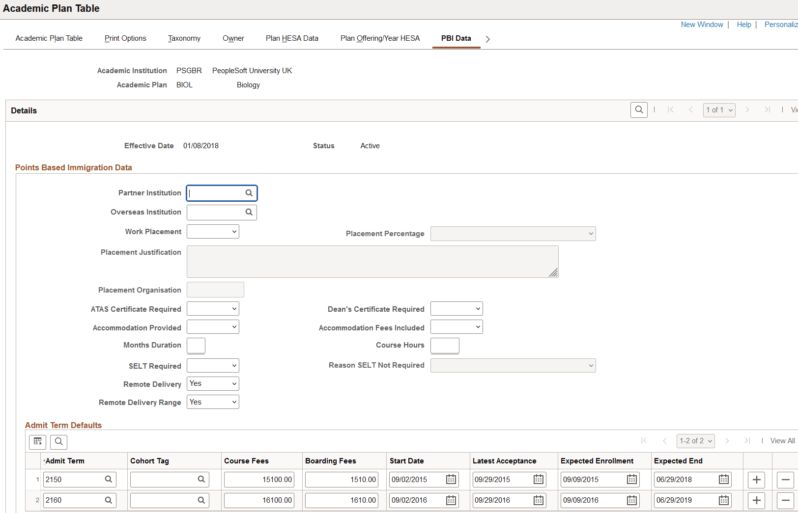 Academic Plan PBI (Points Based Immigration) Data page