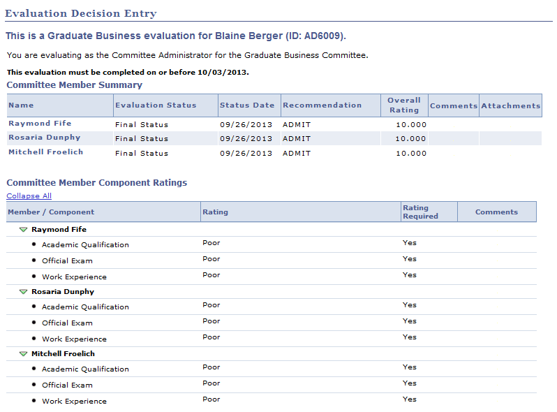 Example of Evaluation Decision Entry page for a Committee Administrator (1 of 2)