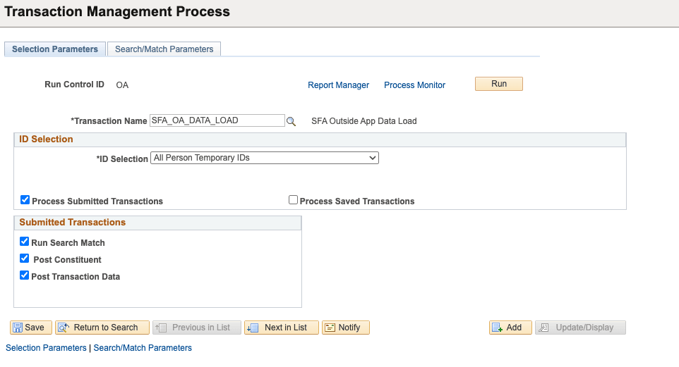 Example of Transaction Management Process - Selection Parameters page for loading OA data