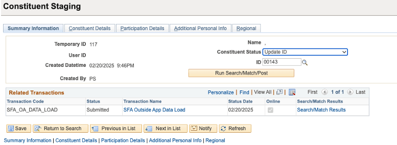 Example of Summary Information page (Constituent Staging) for loading Outside Application data one record at a time