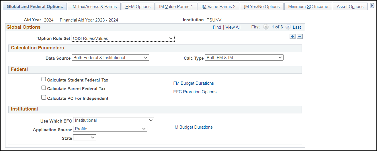 Global and Federal Options page