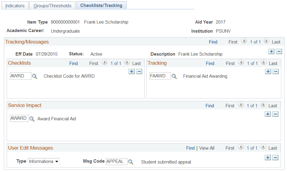 Disbursement Rules: Item Type - Checklists/Tracking page