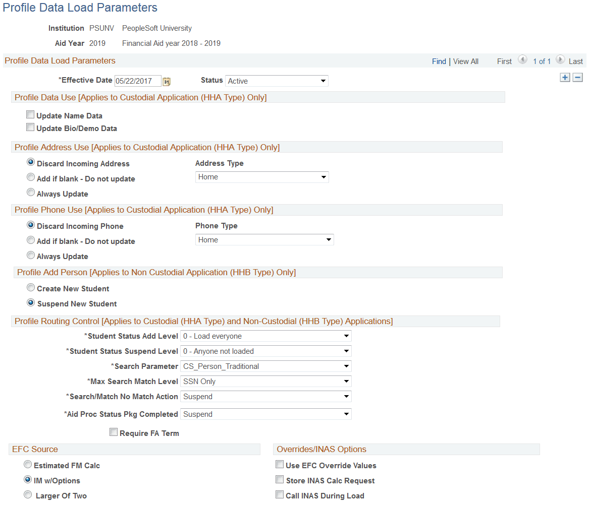 PROFILE Data Load Parameters page