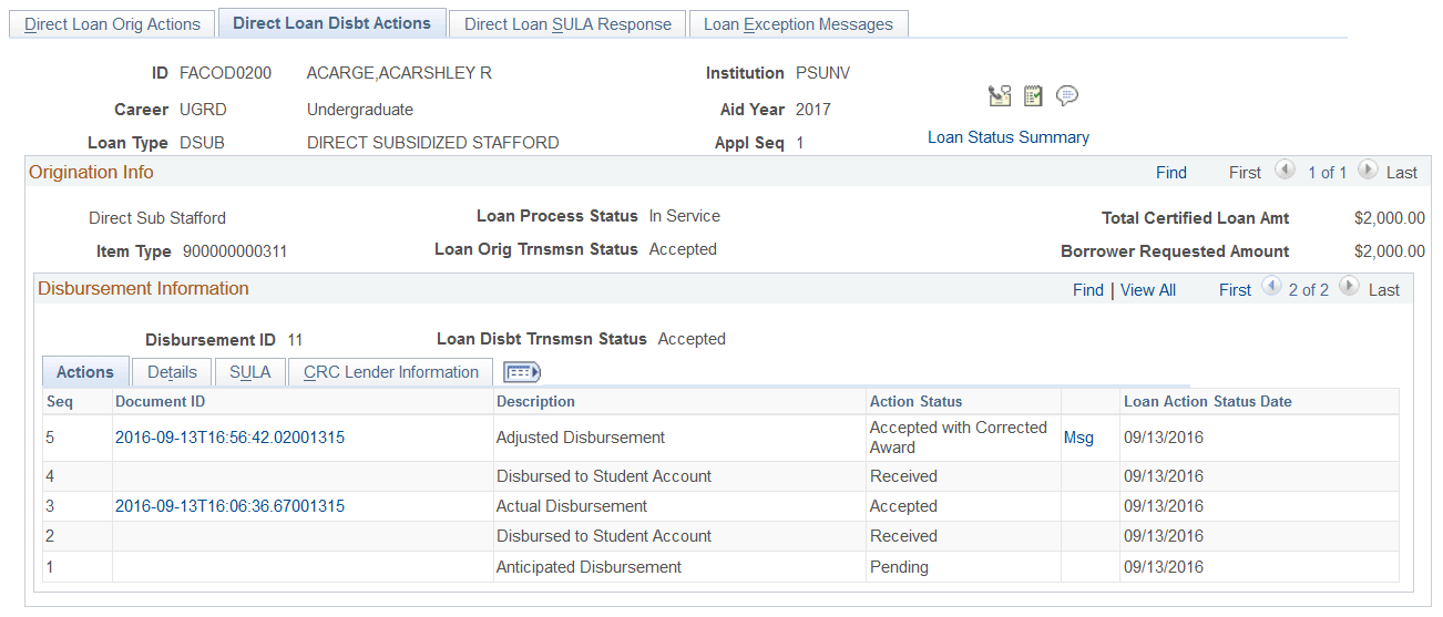 Direct Loan Disbt (disbursement) Actions page: Actions tab