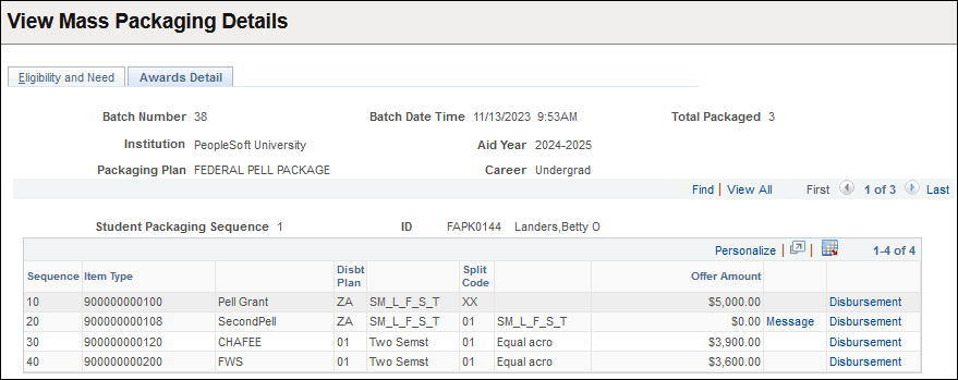 View Mass Packaging Details Awards Detail page