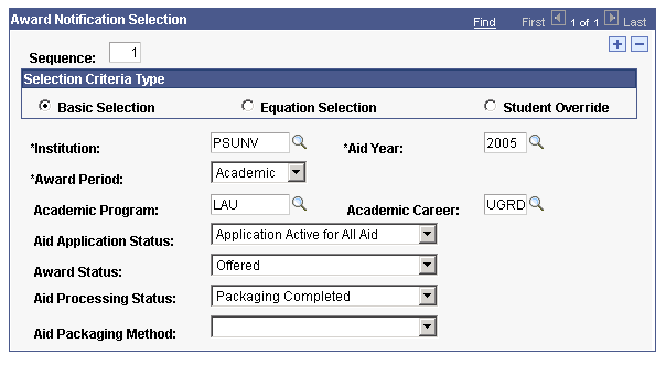 FAN (Financial Aid Notification) Letter Run Control Page with Basic Selection