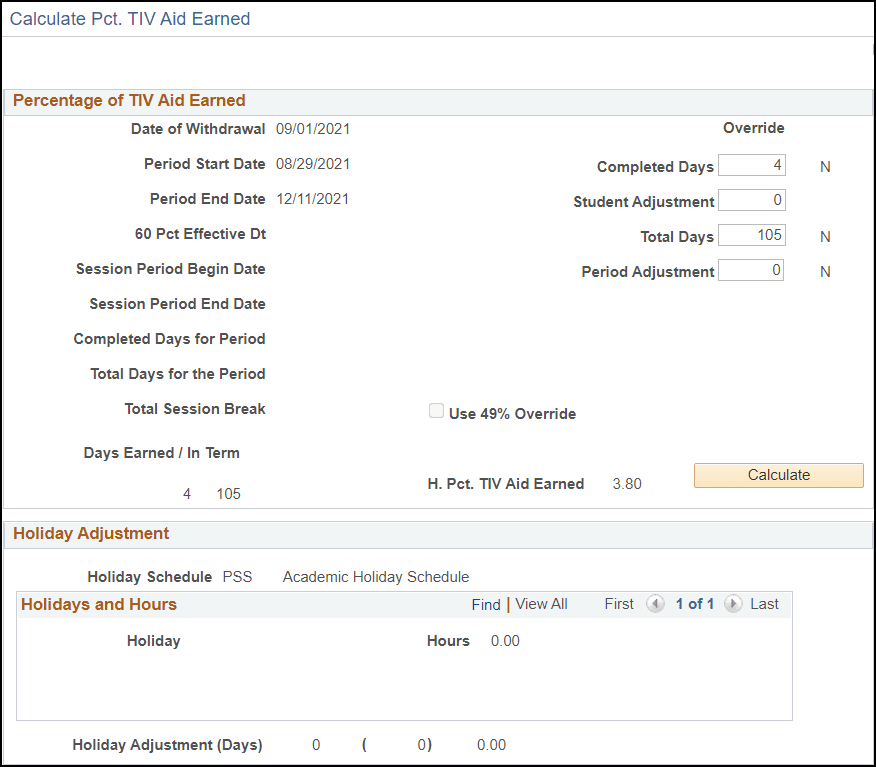 Calculate Pct. (percentage of) TIV (title four) Aid Earned page