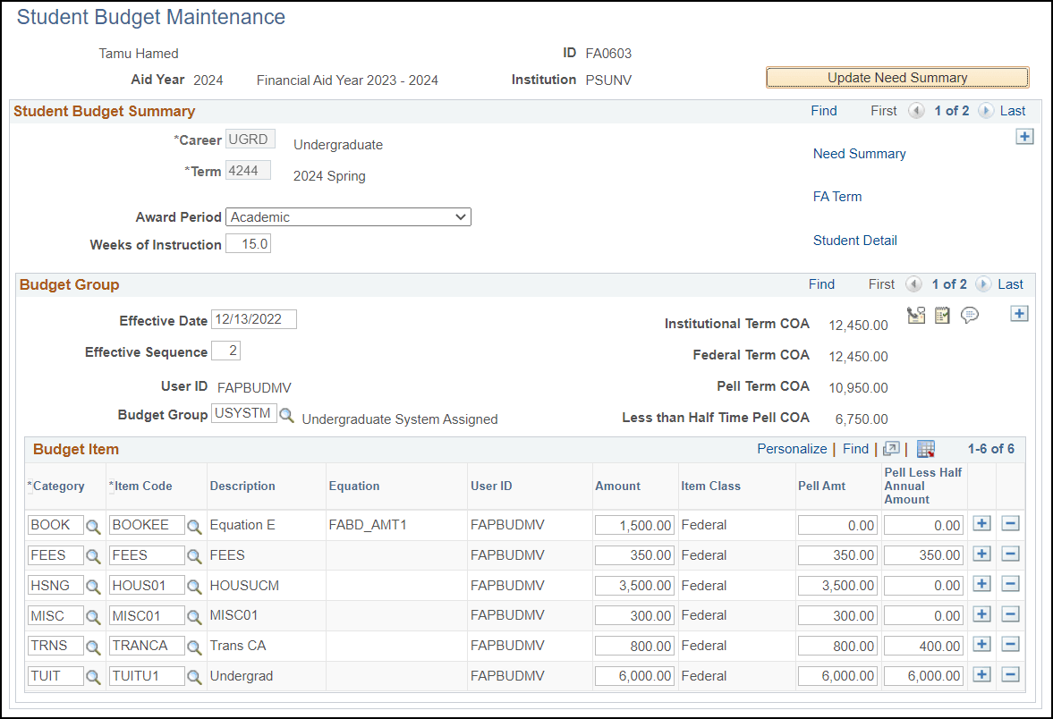 Student Budget Maintenance page