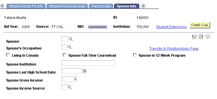 Spouse Info (information) page