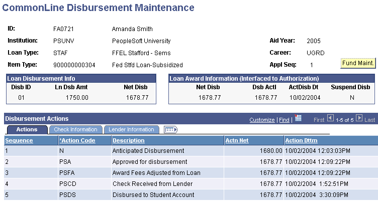 CommonLine Disbursement Maintenance page: Actions tab