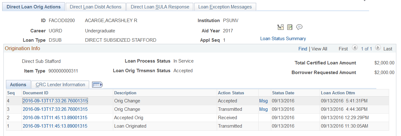 Direct Loan Orig (origination) Actions page: Actions tab
