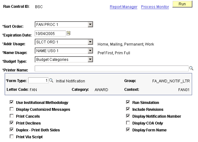FAN (financial aid notification) Letter Run Control page (1 of 2)