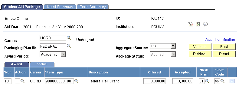 'Student Aid Package page displaying the student's award for the AAP (academic award period) (Based on Pell Grant awarding functionality for the 2009 and prior aid years.)