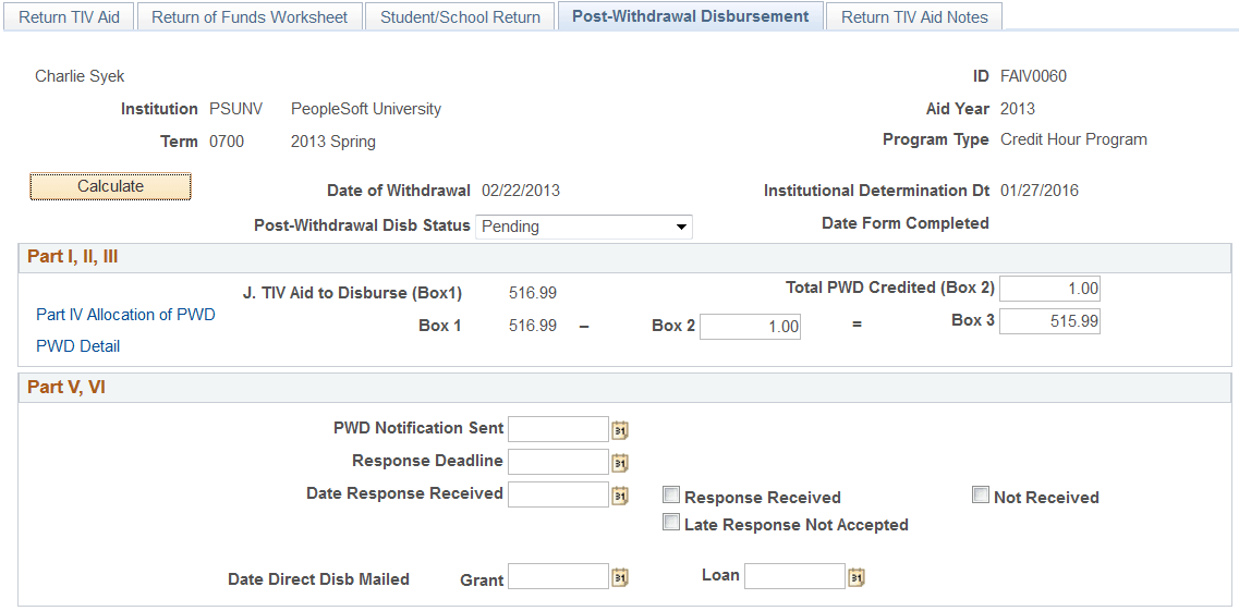 Post-Withdrawal Disbursement page