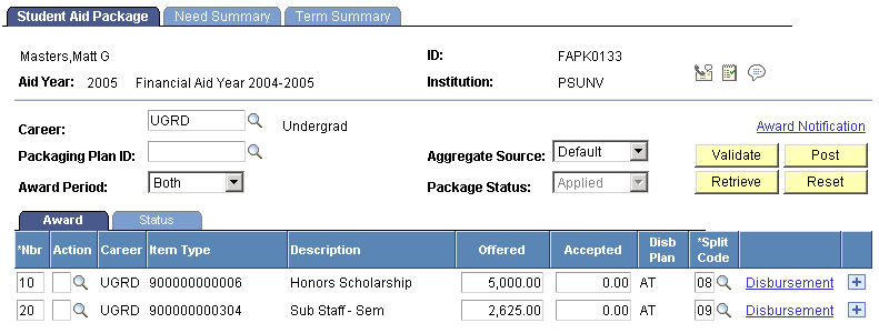 'Student Aid Package page displaying the student's award for both award periods