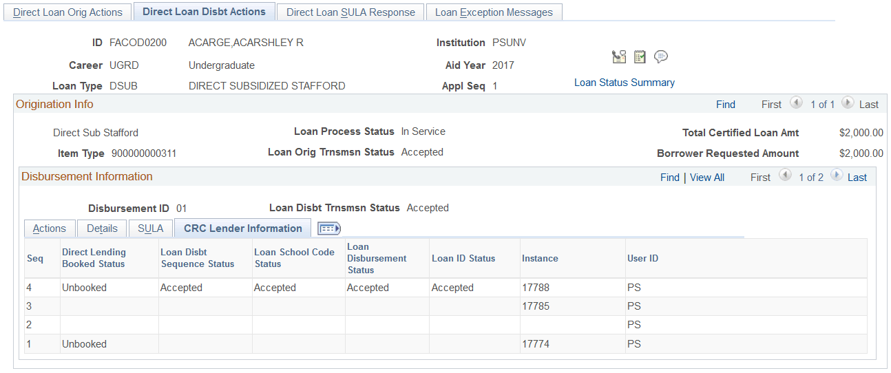 Direct Loan Disbt (disbursement) Actions page: CRC (Common Record CommonLine) Lender Information tab