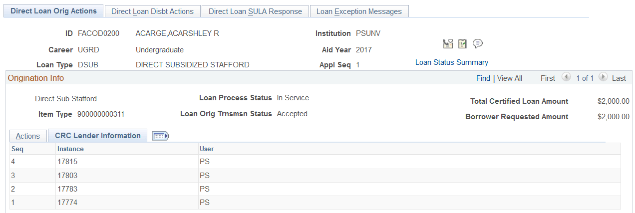 Direct Loan Orig (origination) Actions page: CRC (Common Record CommonLine) Lender Information tab