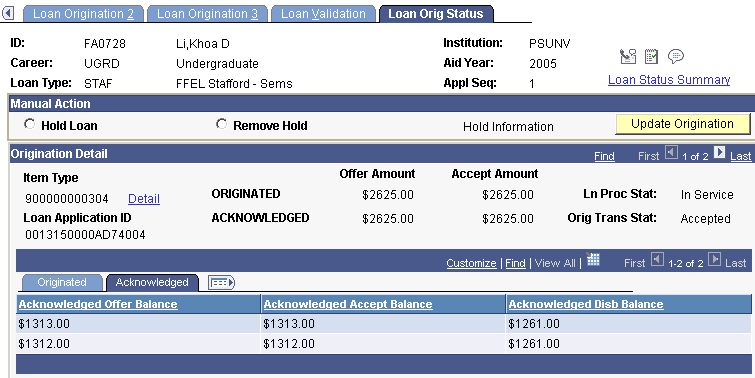 Loan Orig (origination) Status page: Acknowledged tab