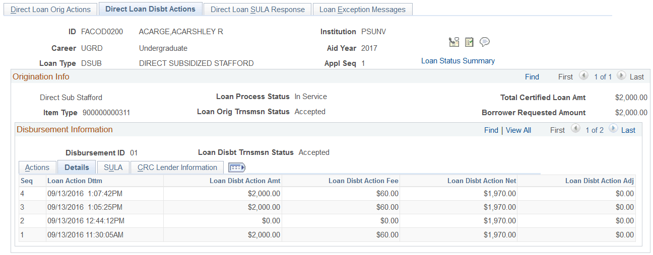 Direct Loan Disbt (disbursement) Actions page: Details tab