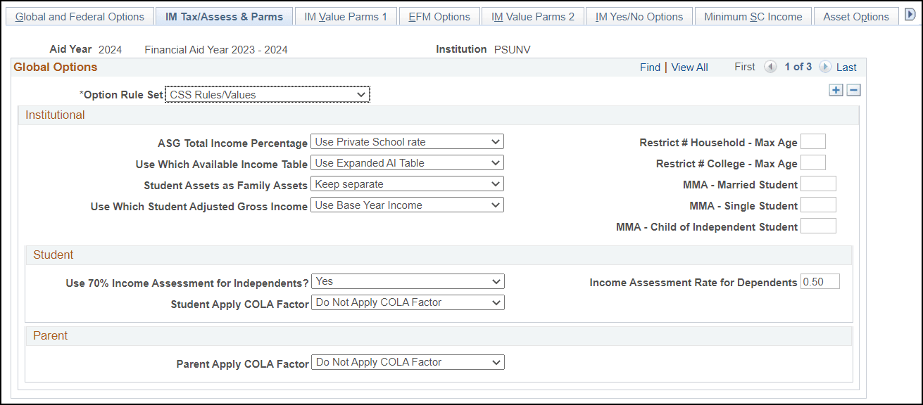 IM (institutional methodology) Tax/Assess and Parms (parameters) page