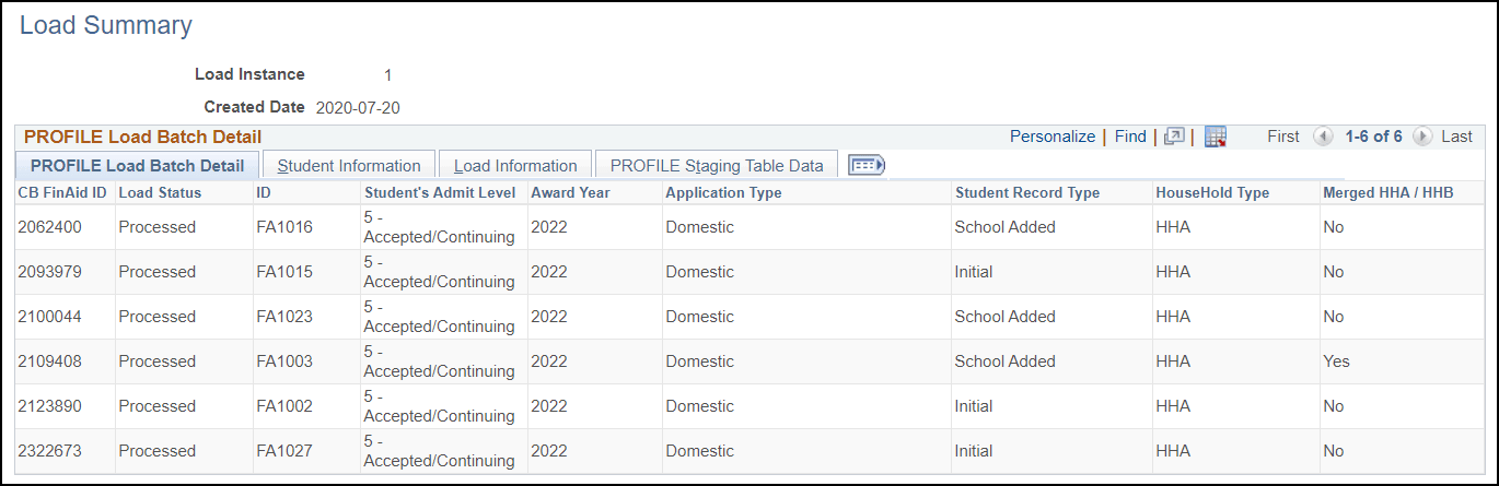 PROFILE Load Summary page, PROFILE Load Batch Detail tab