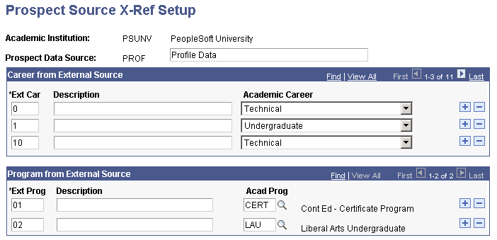Prospect Source X-Ref (cross reference) Setup page