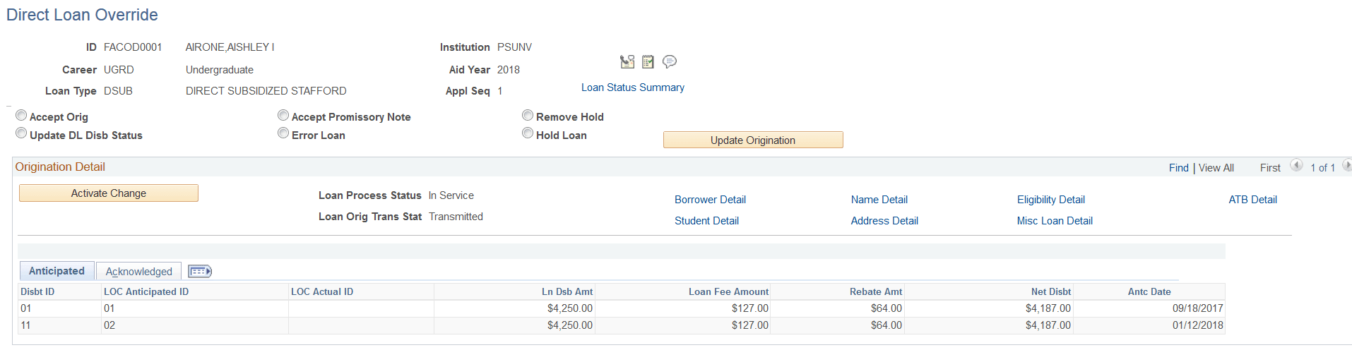 Direct Loan Override page - Anticipated tab