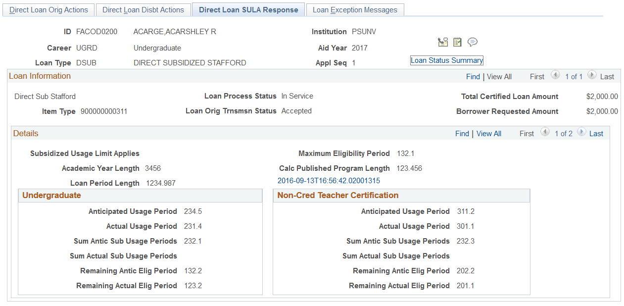 Direct Loan SULA (subsidized undergraduate limit applies) Response page
